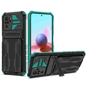 For Xiaomi Redmi Note 10 4G Armor Card PC + TPU Shockproof Case with Card Slot & Invisible Holder(Dark Green)