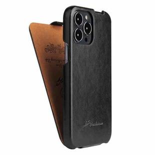 For iPhone 13 Pro Max Fierre Shann Retro Oil Wax Texture Vertical Flip PU Leather Case (Black)
