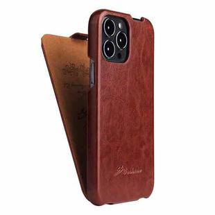 For iPhone 13 Fierre Shann Retro Oil Wax Texture Vertical Flip PU Leather Case(Brown)