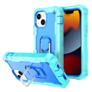 For iPhone 13 mini PC + Rubber 3-layers Shockproof Protective Case with Rotating Holder (Mint Green + Blue)