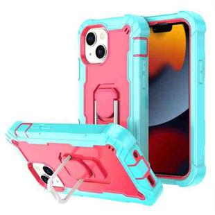 For iPhone 13 mini PC + Rubber 3-layers Shockproof Protective Case with Rotating Holder (Mint Green + Rose Red)