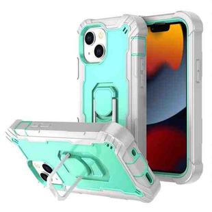 For iPhone 13 PC + Rubber 3-layers Shockproof Protective Case with Rotating Holder(Grey White + Mint Green)