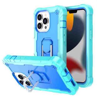 For iPhone 13 Pro PC + Rubber 3-layers Shockproof Protective Case with Rotating Holder (Mint Green + Blue)