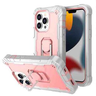 For iPhone 13 Pro PC + Rubber 3-layers Shockproof Protective Case with Rotating Holder (Grey White + Rose Gold)