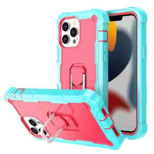 For iPhone 13 Pro Max PC + Rubber 3-layers Shockproof Protective Case with Rotating Holder (Mint Green + Rose Red)