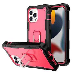 For iPhone 13 Pro Max PC + Rubber 3-layers Shockproof Protective Case with Rotating Holder (Black + Rose Red)