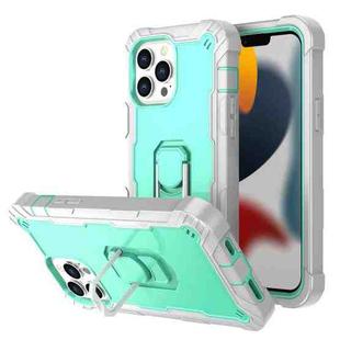 For iPhone 13 Pro Max PC + Rubber 3-layers Shockproof Protective Case with Rotating Holder (Grey White + Mint Green)
