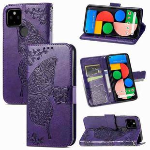 Butterfly Love Flowers Embossed Horizontal Flip Leather Case with Holder & Card Slots & Wallet & Lanyard For Google Pixel 5A 5G(Dark Purple)