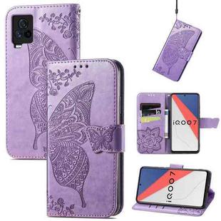 Butterfly Love Flowers Embossed Horizontal Flip Leather Case with Holder & Card Slots & Wallet & Lanyard For vivo IQOO 7(Light Purple)