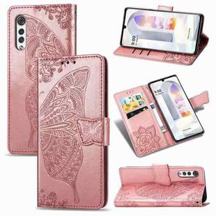 Butterfly Love Flowers Embossed Horizontal Flip Leather Case with Holder & Card Slots & Wallet & Lanyard For LG Velvet 2 Pro(Rose Gold)