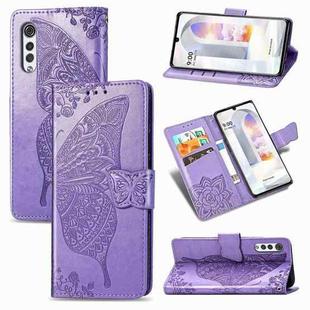 Butterfly Love Flowers Embossed Horizontal Flip Leather Case with Holder & Card Slots & Wallet & Lanyard For LG Velvet 2 Pro(Light Purple)