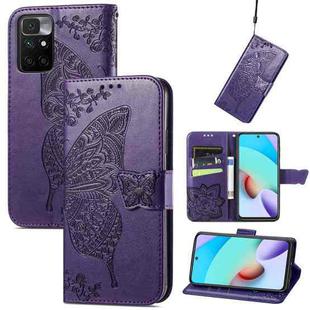 Butterfly Love Flowers Embossed Horizontal Flip Leather Case with Holder & Card Slots & Wallet & Lanyard For Xiaomi Redmi 10(Dark Purple)