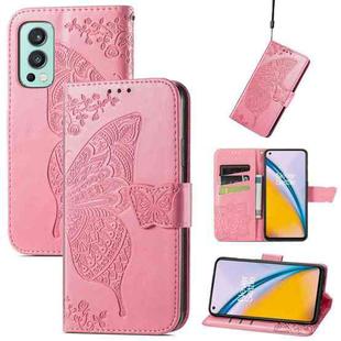 Butterfly Love Flowers Embossed Horizontal Flip Leather Case with Holder & Card Slots & Wallet & Lanyard For OnePlus Nord 2 5G(Pink)
