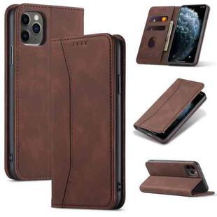 For iPhone 13 Pro Skin-feel Calfskin Texture Magnetic Dual-Fold Horizontal Flip Leather Case with Holder & Card Slots & Wallet (Coffee)