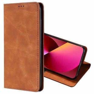 For iPhone 13 Skin Feel Magnetic Horizontal Flip Leather Case with Holder & Card Slots(Light Brown)