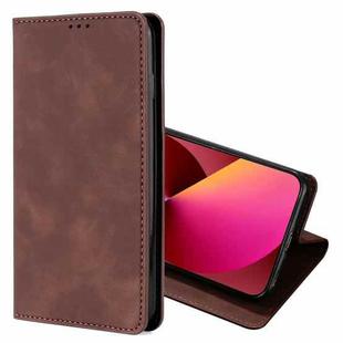 For iPhone 13 Skin Feel Magnetic Horizontal Flip Leather Case with Holder & Card Slots(Dark Brown)