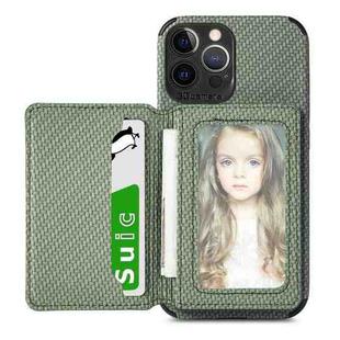 Carbon Fiber Magnetic Card Bag TPU+PU Shockproof Back Cover Case with Holder & Card Slot & Photo Frame For iPhone 13 Pro Max(Green)