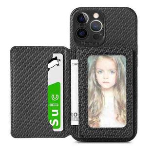 For iPhone 13 Pro Carbon Fiber Magnetic Card Bag TPU+PU Shockproof Back Cover Case with Holder & Card Slot & Photo Frame (Black)