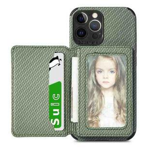 Carbon Fiber Magnetic Card Bag TPU+PU Shockproof Back Cover Case with Holder & Card Slot & Photo Frame For iPhone 13 Pro(Green)
