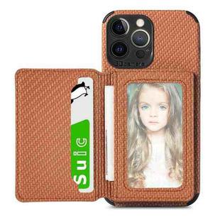 Carbon Fiber Magnetic Card Bag TPU+PU Shockproof Back Cover Case with Holder & Card Slot & Photo Frame For iPhone 13 Pro(Brown)