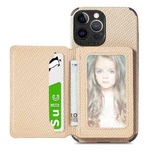 Carbon Fiber Magnetic Card Bag TPU+PU Shockproof Back Cover Case with Holder & Card Slot & Photo Frame For iPhone 13 Pro(Khaki)