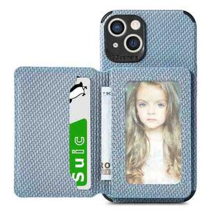 Carbon Fiber Magnetic Card Bag TPU+PU Shockproof Back Cover Case with Holder & Card Slot & Photo Frame For iPhone 13(Blue)