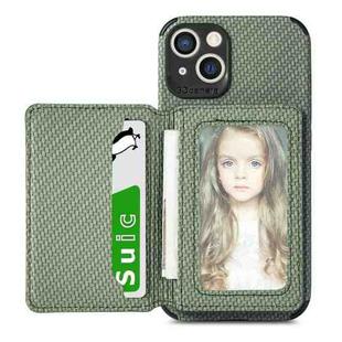 Carbon Fiber Magnetic Card Bag TPU+PU Shockproof Back Cover Case with Holder & Card Slot & Photo Frame For iPhone 13(Green)
