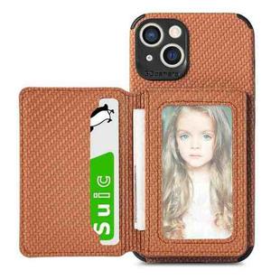 Carbon Fiber Magnetic Card Bag TPU+PU Shockproof Back Cover Case with Holder & Card Slot & Photo Frame For iPhone 13(Brown)