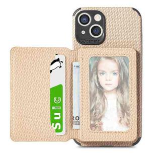 Carbon Fiber Magnetic Card Bag TPU+PU Shockproof Back Cover Case with Holder & Card Slot & Photo Frame For iPhone 13(Khaki)