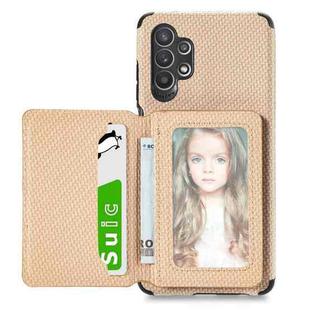 For Samsung Galaxy A32 4G Carbon Fiber Magnetic Card Bag TPU+PU Shockproof Back Cover Case with Holder & Card Slot & Photo Frame(Khaki)