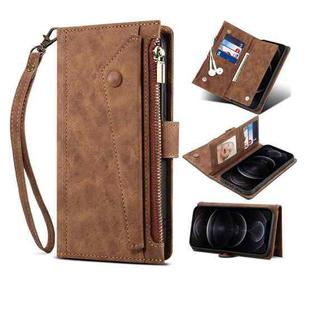 For iPhone 13 Retro Frosted Horizontal Flip Leather Case with Holder & Card Slot & Wallet & Zipper Pocket & Lanyard(Brown)