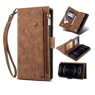For iPhone 12 Pro Retro Frosted Horizontal Flip Leather Case with Holder & Card Slot & Wallet & Zipper Pocket & Lanyard(Brown)