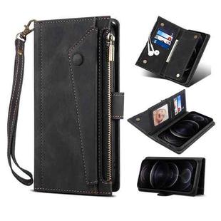 For iPhone 12 Retro Frosted Horizontal Flip Leather Case with Holder & Card Slot & Wallet & Zipper Pocket & Lanyard(Black)