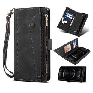 For iPhone SE 2022 / SE 2020 / 8 / 7 Retro Frosted Horizontal Flip Leather Case with Holder & Card Slot & Wallet & Zipper Pocket & Lanyard(Black)