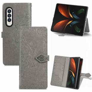 For Samsung Galaxy Z Fold3 5G Embossed Mandala Pattern PC + TPU Horizontal Flip Leather Case with Holder & Card Slots(Grey)