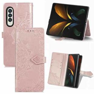 For Samsung Galaxy Z Fold3 5G Embossed Mandala Pattern PC + TPU Horizontal Flip Leather Case with Holder & Card Slots(Rose Gold)