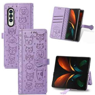 For Samsung Galaxy Z Fold3 5G Lovely Cat and Dog Embossing Pattern Horizontal Flip Leather Case , with Holder & Card Slots & Wallet(Purple)