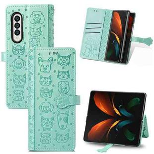 For Samsung Galaxy Z Fold3 5G Lovely Cat and Dog Embossing Pattern Horizontal Flip Leather Case , with Holder & Card Slots & Wallet(Green)