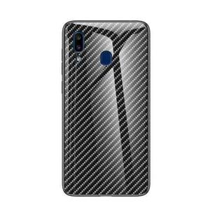 For Samsung Galaxy A20e Gradient Carbon Fiber Texture TPU Border Tempered Glass Case(Black Fiber)