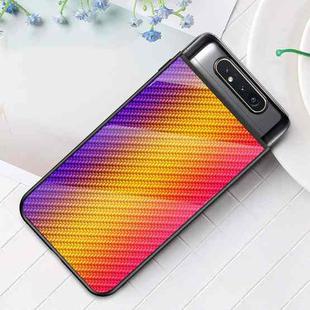 For Samsung Galaxy A80 Gradient Carbon Fiber Texture TPU Border Tempered Glass Case(Gold Fiber)