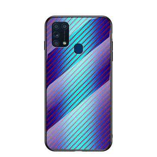 For Samsung Galaxy M31 Gradient Carbon Fiber Texture TPU Border Tempered Glass Case(Blue Fiber)