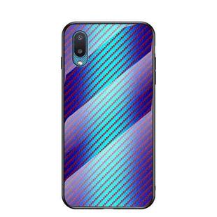 For Samsung Galaxy A02 Gradient Carbon Fiber Texture TPU Border Tempered Glass Case(Blue Fiber)