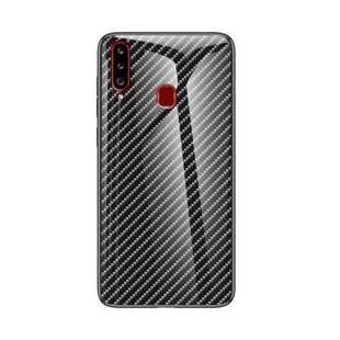 For Samsung Galaxy A20s Gradient Carbon Fiber Texture TPU Border Tempered Glass Case(Black Fiber)