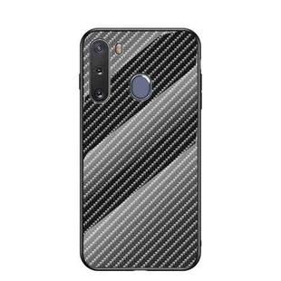 For Samsung Galaxy A21 Gradient Carbon Fiber Texture TPU Border Tempered Glass Case(Black Fiber)