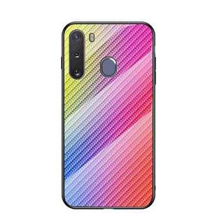 For Samsung Galaxy A21 Gradient Carbon Fiber Texture TPU Border Tempered Glass Case(Colorful Fiber)