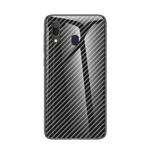 For Samsung Galaxy A30 / A20 Gradient Carbon Fiber Texture TPU Border Tempered Glass Case(Black Fiber)