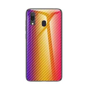 For Samsung Galaxy A30 / A20 Gradient Carbon Fiber Texture TPU Border Tempered Glass Case(Gold Fiber)