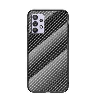 For Samsung Galaxy A32 Gradient Carbon Fiber Texture TPU Border Tempered Glass Case(Black Fiber)