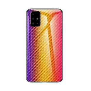 For Samsung Galaxy A71 5G Gradient Carbon Fiber Texture TPU Border Tempered Glass Case(Gold Fiber)