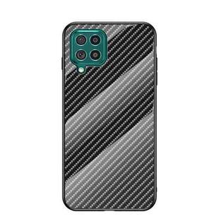 For Samsung Galaxy F62 Gradient Carbon Fiber Texture TPU Border Tempered Glass Case(Black Fiber)